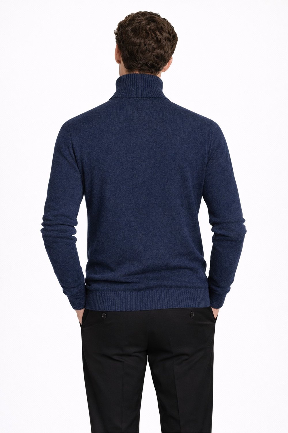 Koyu Lacivert Regular Fit Yün Karışımlı Desenli Tam Balıkçı Yaka Erkek Triko Kazak