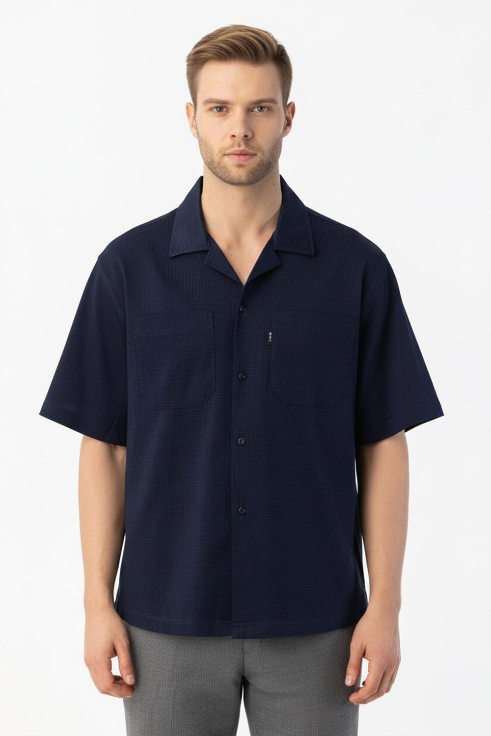 Giotelli Koyu Lacivert Standart Fit %100 Keten Apaş Yaka Erkek Gömlek