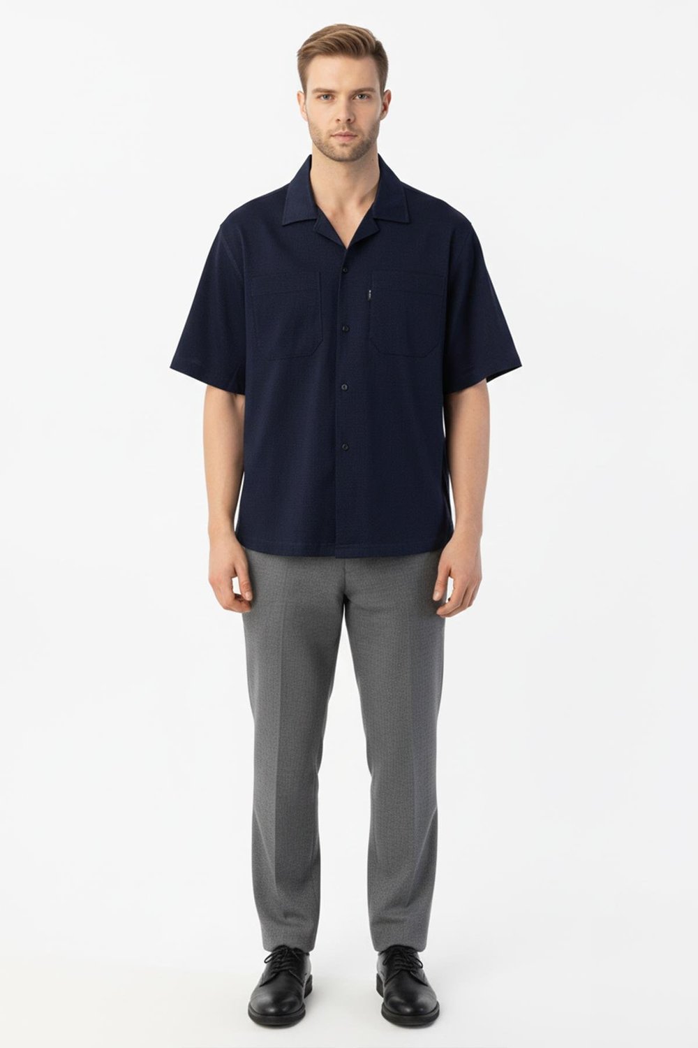 Giotelli Koyu Lacivert Standart Fit %100 Keten Apaş Yaka Erkek Gömlek