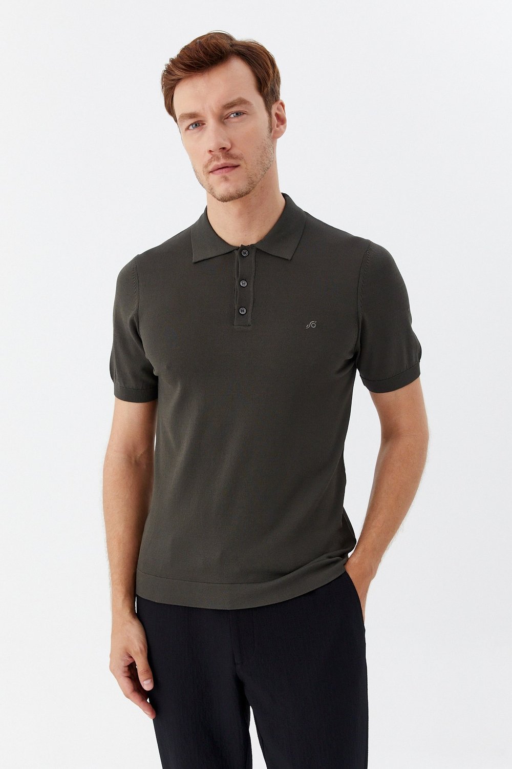 Koyu Yeşil Regular Fit Göğüs Nakış Detaylı Polo Yaka Triko T-shirt