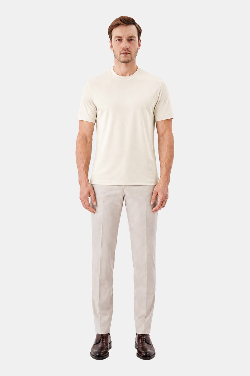 Krem %100 Pamuk Regular Fit Bisiklet Yaka Basic T-shirt