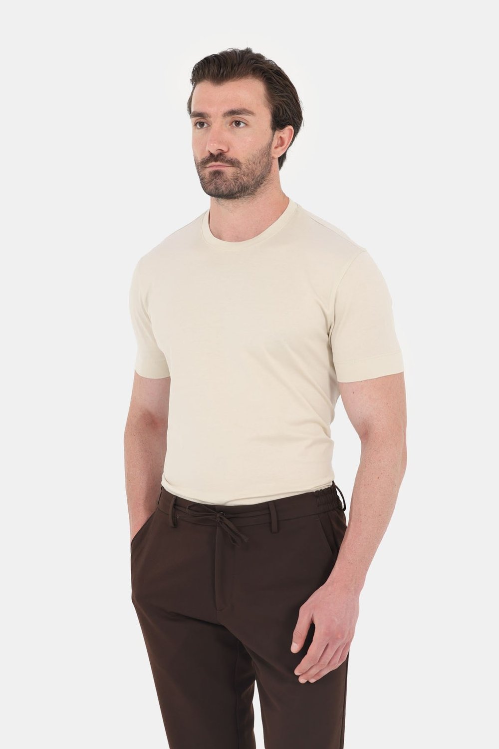 Krem %100 Pamuk Regular Fit Bisiklet Yaka Basic T-shirt