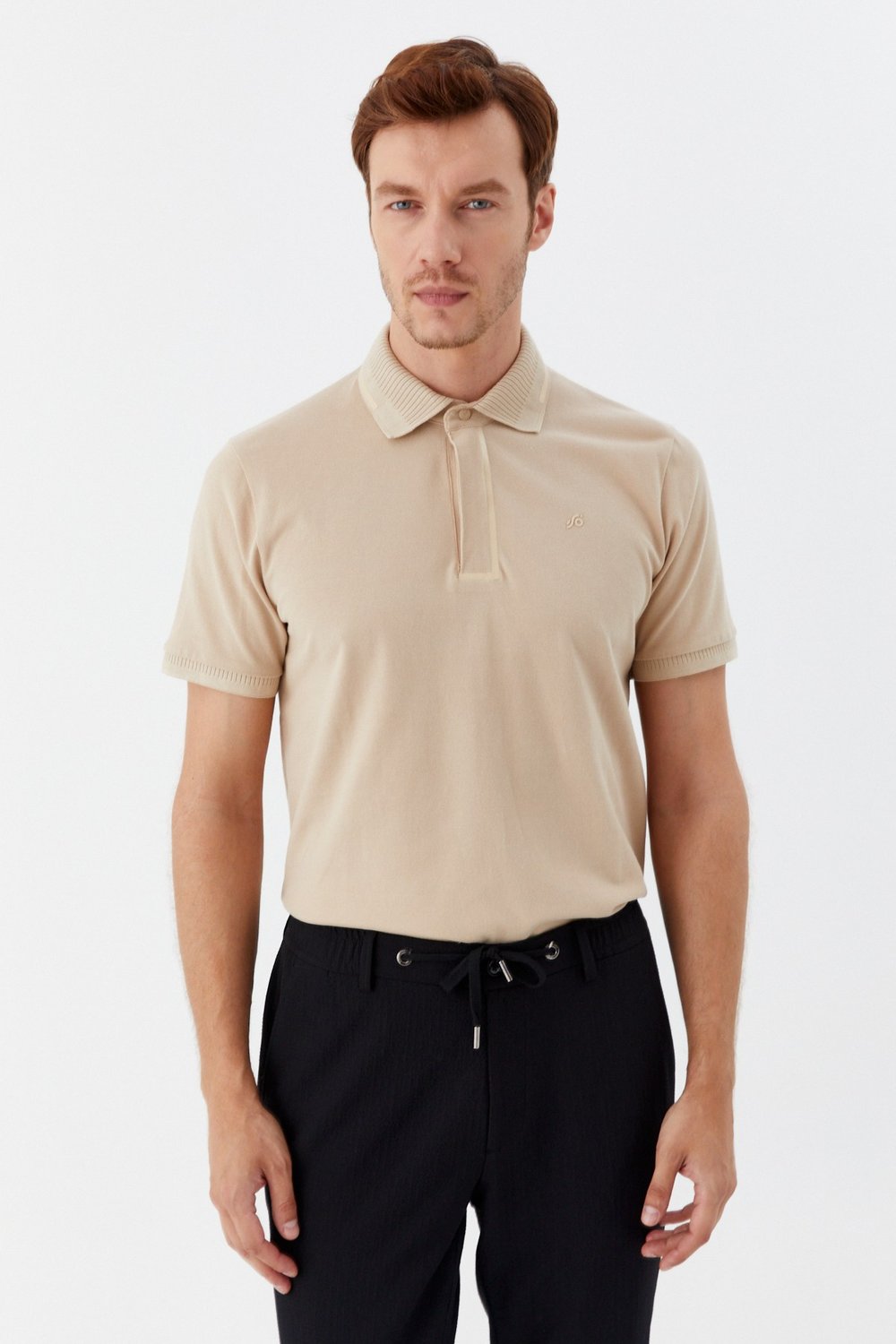 Kum %100 Pamuk Gizli Fermuarlı Polo Yaka T-shirt 