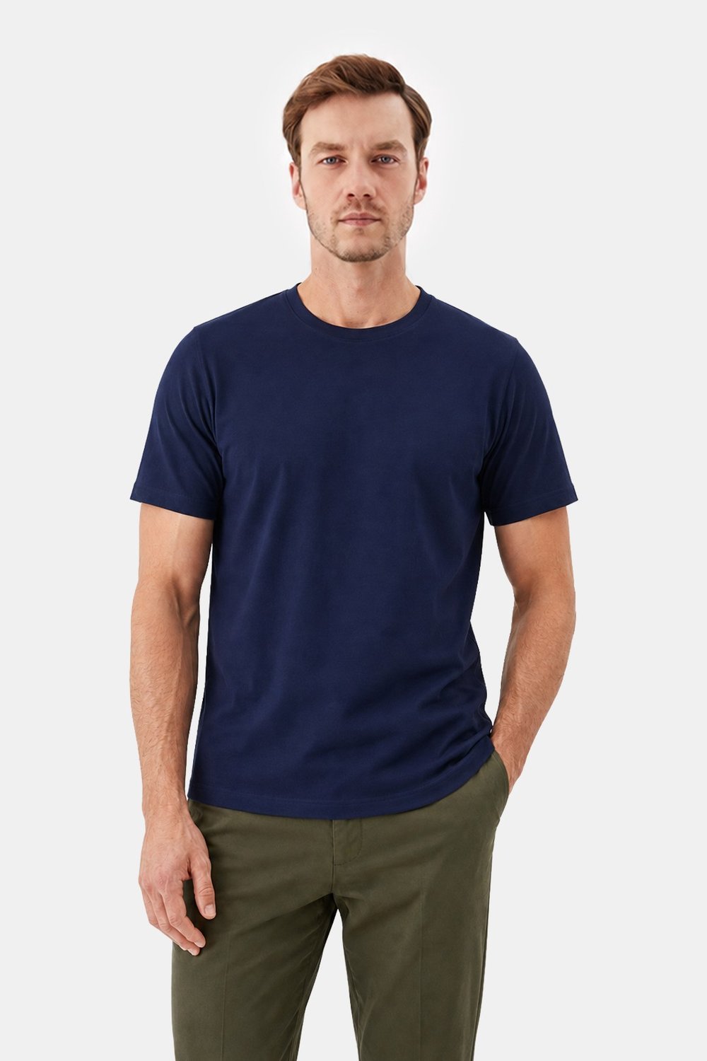 Lacivert %100 Pamuk Bisiklet Yaka Düz Renk Basic T-Shirt