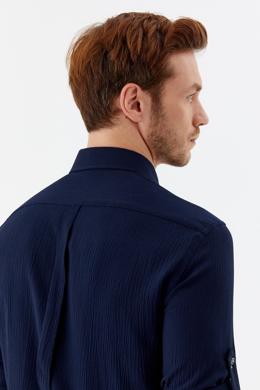Lacivert %100 Pamuk Uzun Kollu Slim Fit Düğmeli Yaka Gömlek