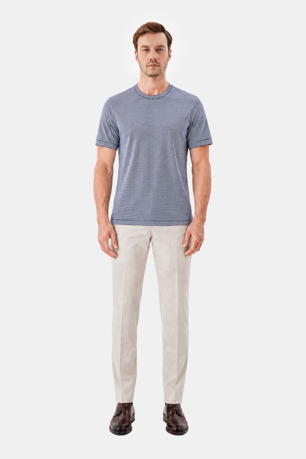 Lacivert-Beyaz %100 Pamuk Regular Fit Bisiklet Yaka Basic T-shirt