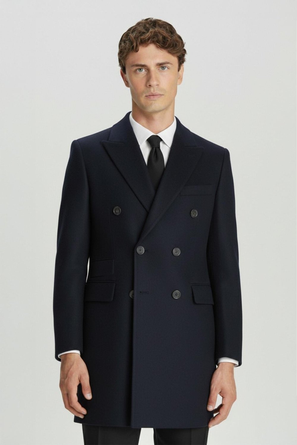 Giotelli Lacivert Slim Fit Yün Karışımlı Sivri Yaka Kruvaze 6 Drop Orta Boy Erkek Palto