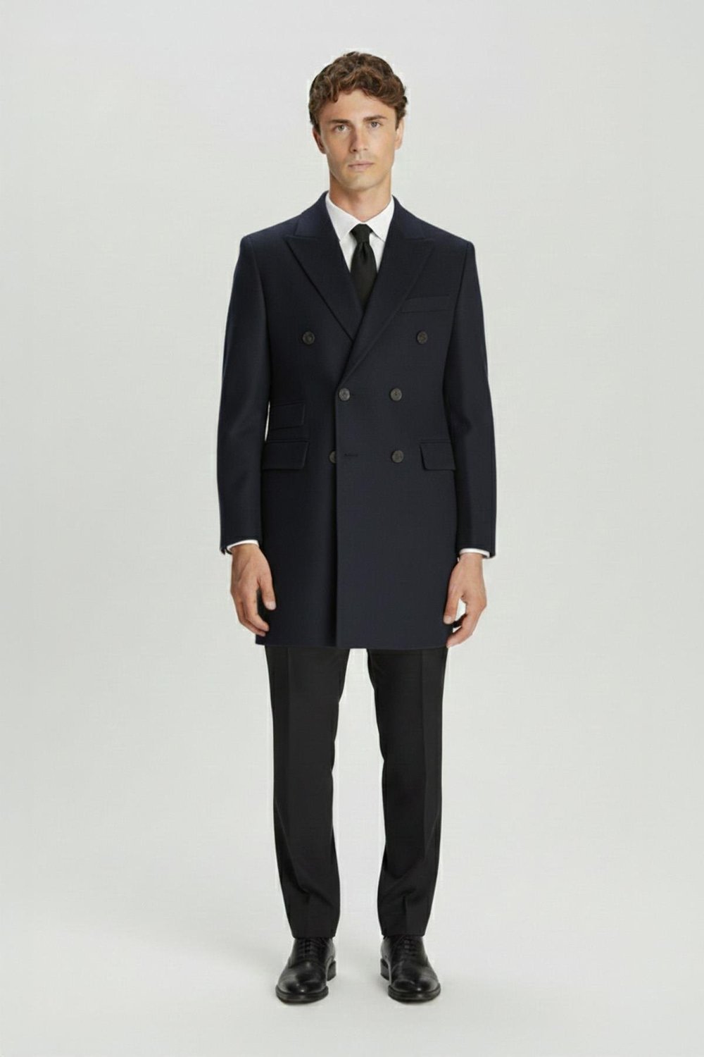 Giotelli Lacivert Slim Fit Yün Karışımlı Sivri Yaka Kruvaze 6 Drop Orta Boy Erkek Palto