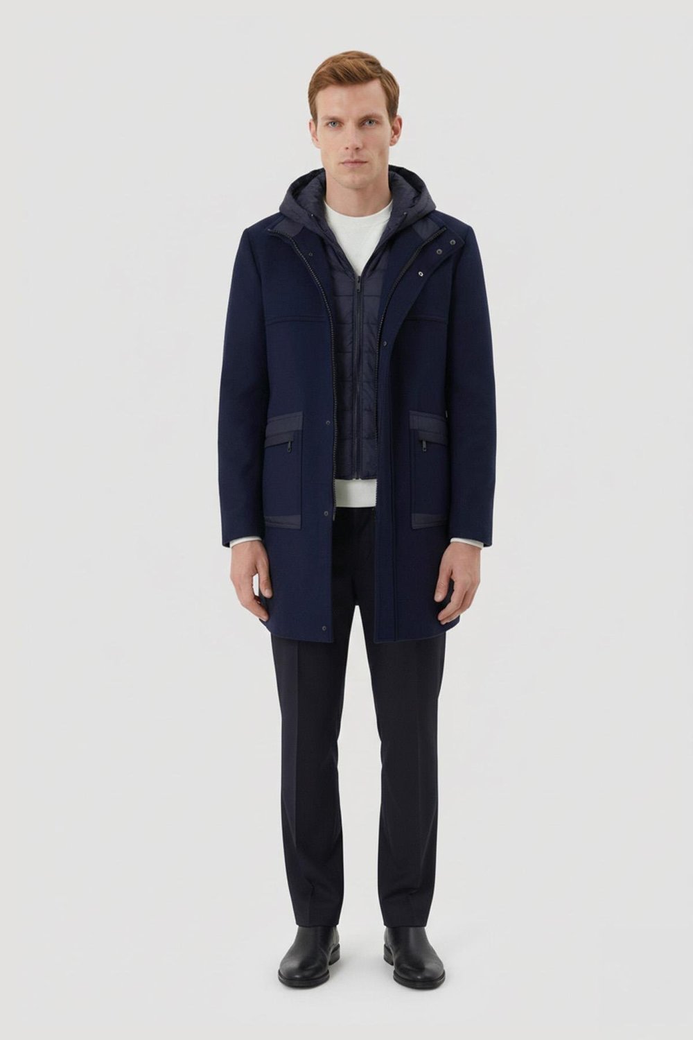 Lacivert Comfort Fit Kapüşonlu Fermuarlı Erkek Kaşe Kaban