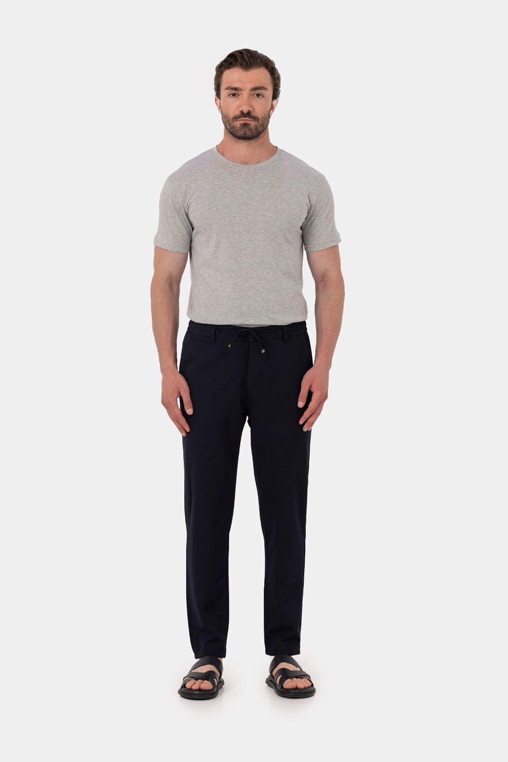 Lacivert Dokulu Arka Lastikli Köprü Kemerli Bağcıklı Slim Fit Jogger Pantolon
