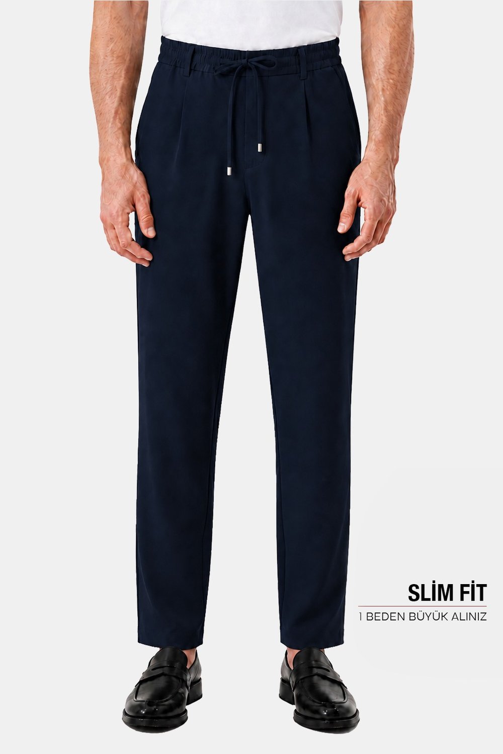 Lacivert Dokulu Arka Lastikli Köprü Kemerli Bağcıklı Slim Fit Jogger Pantolon