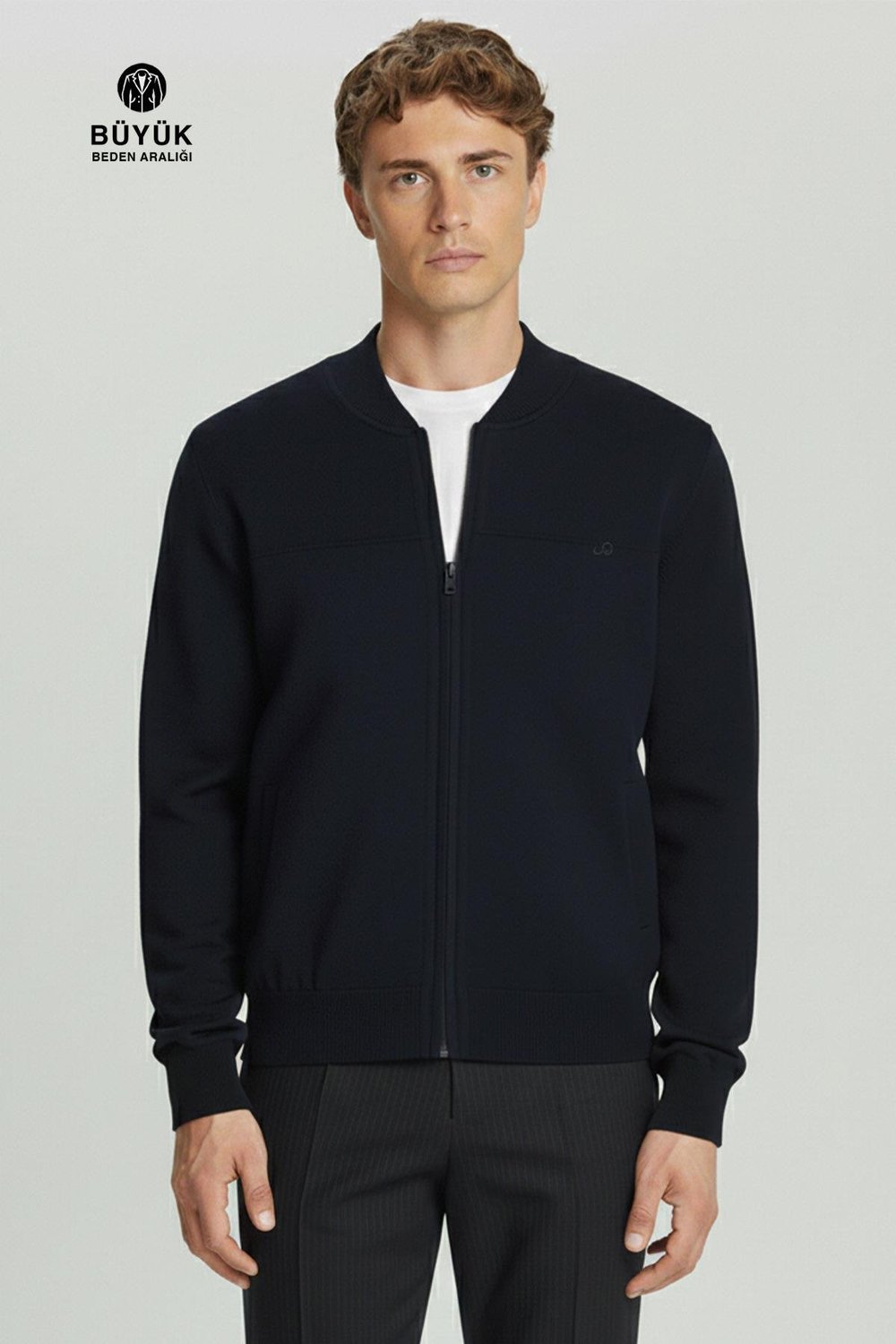 Lacivert Regular Fit Yünlü Pilot Yaka Astarlı Çelik Örme Erkek Triko Mont