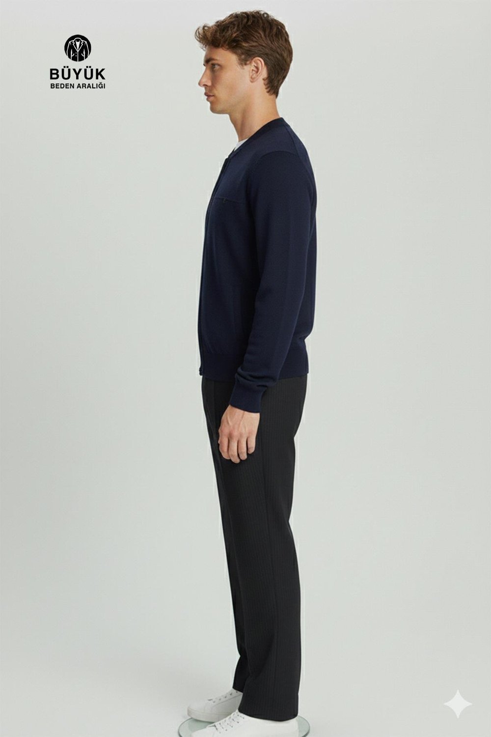 Lacivert Regular Fit Yünlü Pilot Yaka Astarlı Çelik Örme Erkek Triko Mont