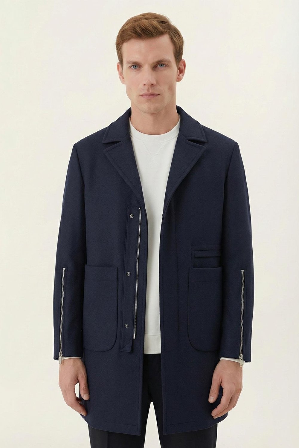 Giotelli Lacivert Regular Fit Yün Karışımlı Ceket Yaka Erkek Kaşe Kaban