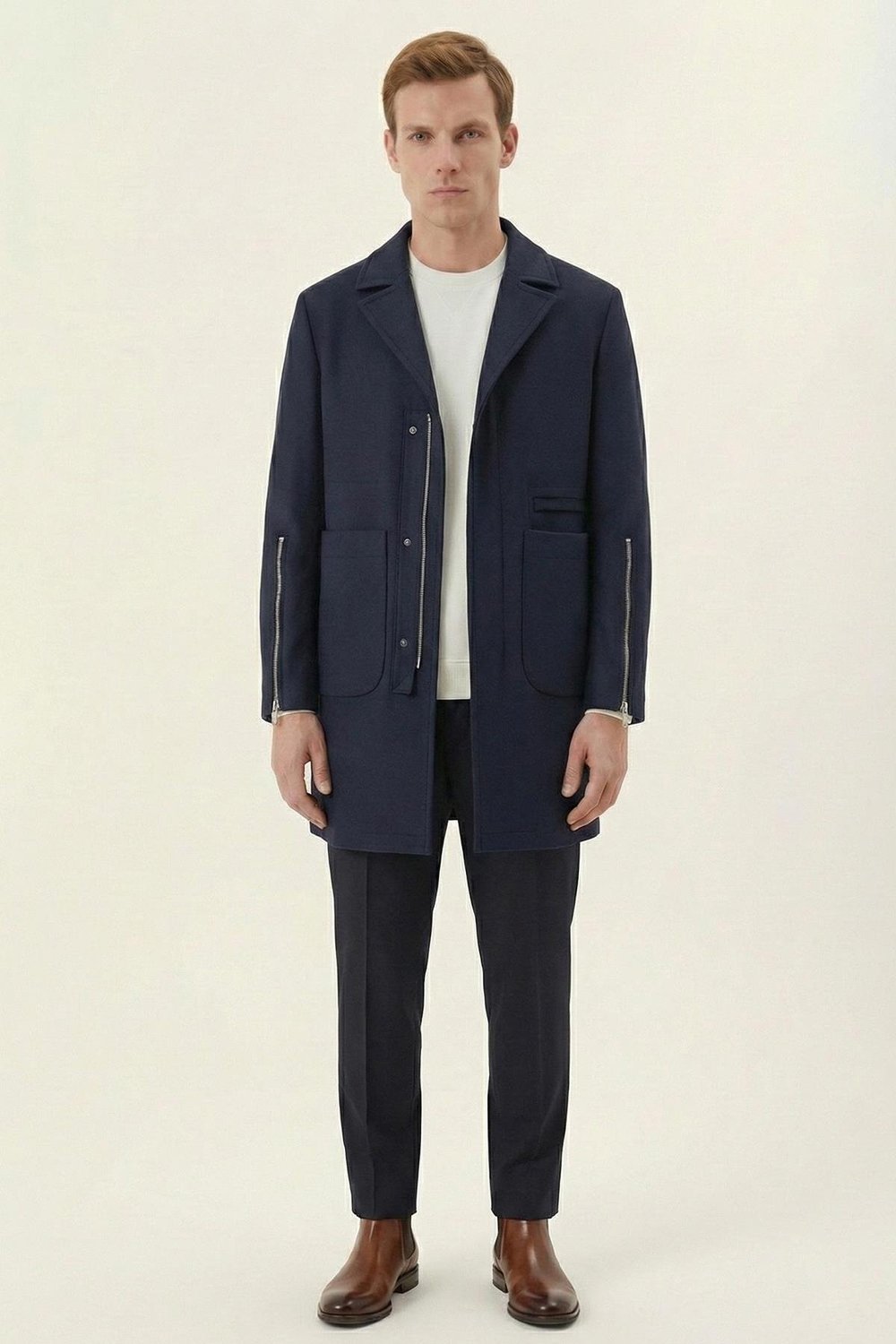 Giotelli Lacivert Regular Fit Yün Karışımlı Ceket Yaka Erkek Kaşe Kaban