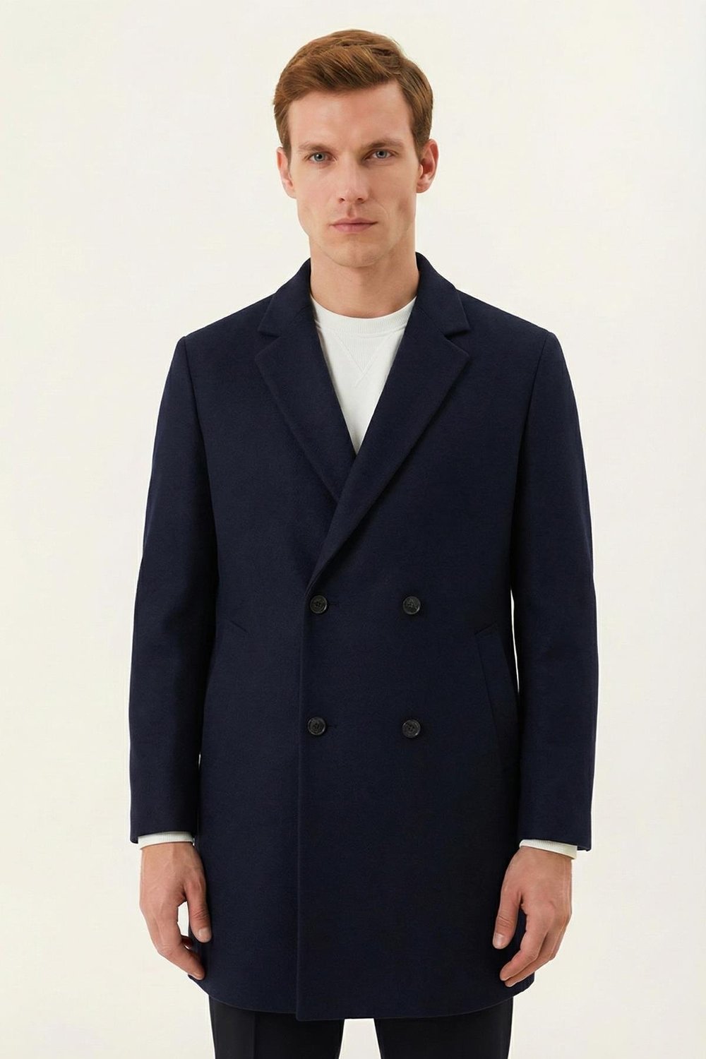 Giotelli Lacivert Regular Fit Mono Yaka Yün Karışımlı Erkek Kaşe Kaban