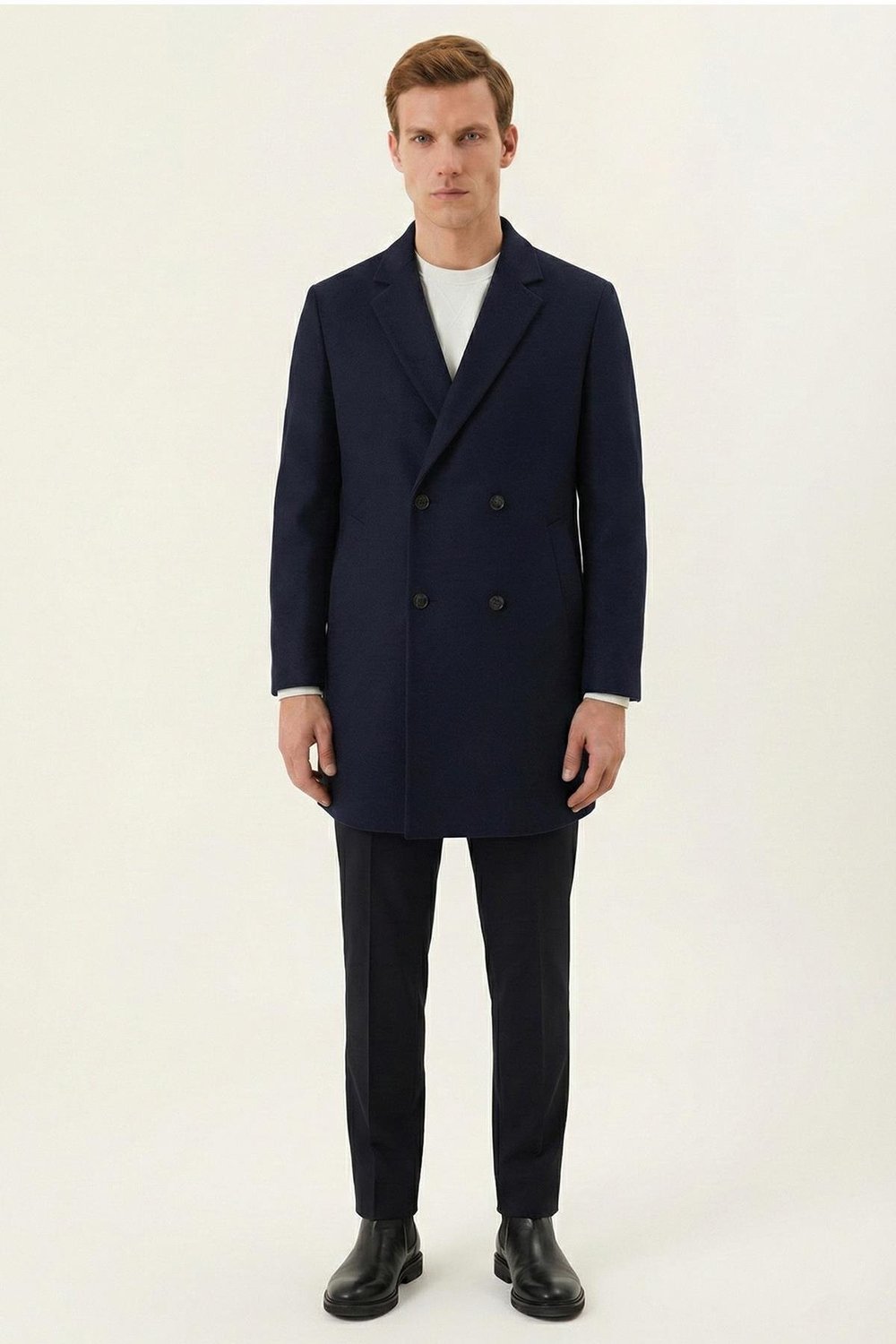 Giotelli Lacivert Regular Fit Mono Yaka Yün Karışımlı Erkek Kaşe Kaban