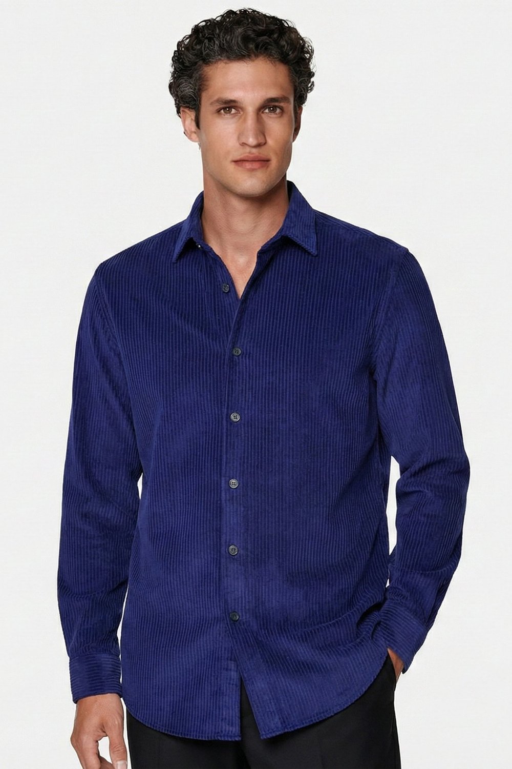 Lacivert Comfort Fit Pamuklu Fitilli Kadife Uzun Kollu Polo Yaka Erkek Gömlek