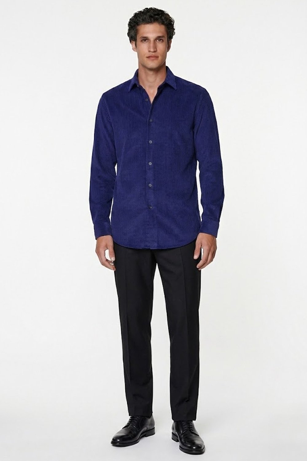 Lacivert Comfort Fit Pamuklu Fitilli Kadife Uzun Kollu Polo Yaka Erkek Gömlek