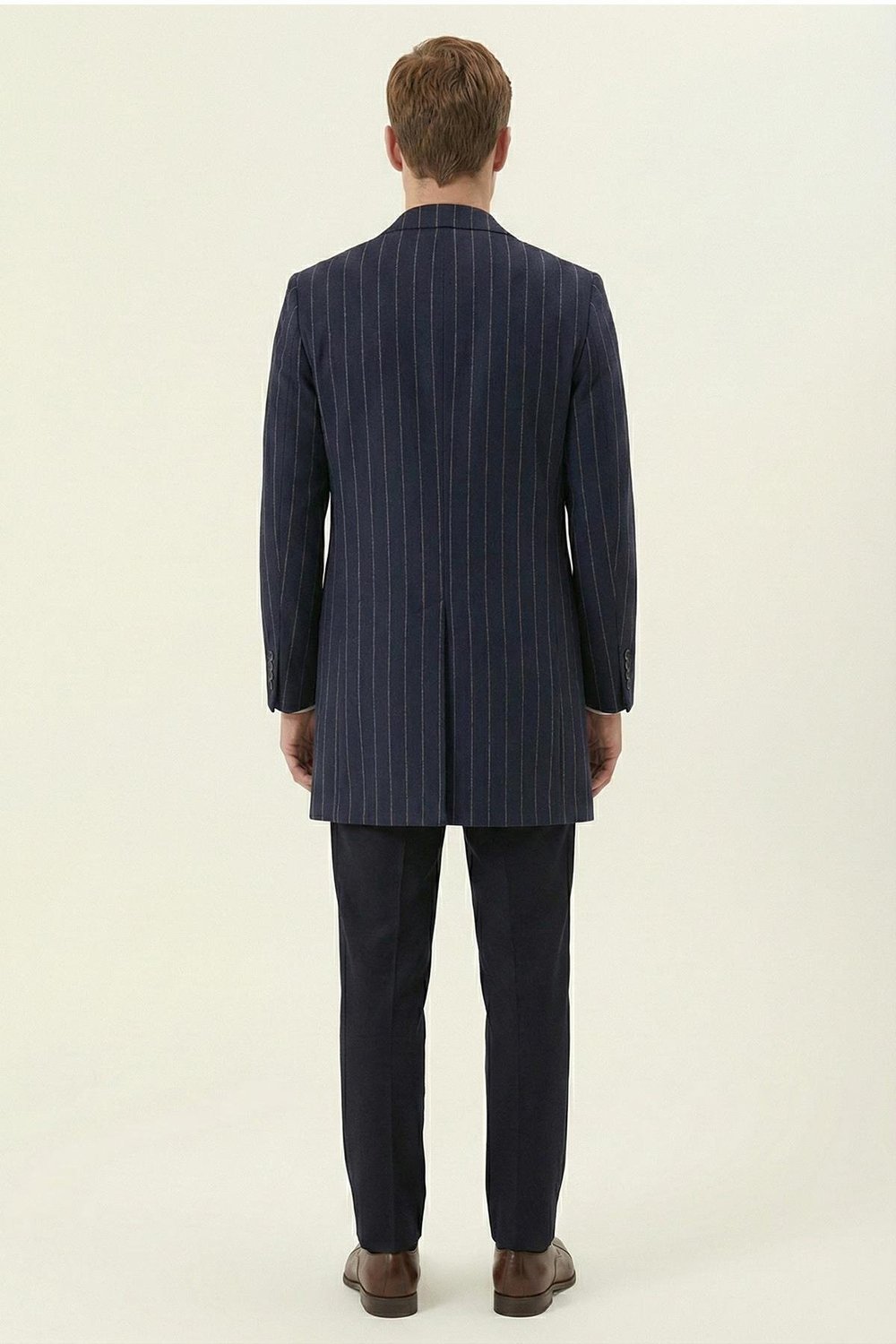 Giotelli Lacivert Regular Fit Yün Karışımlı Mono Yaka Çizgili Kaşe Kaban