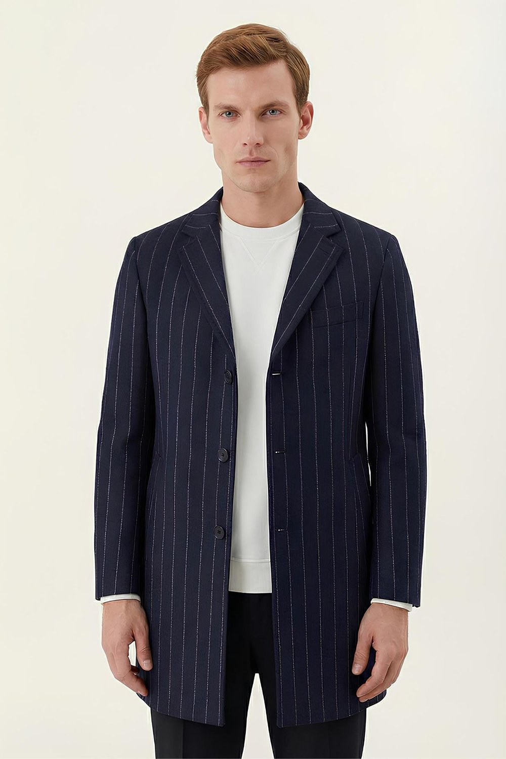 Giotelli Lacivert Regular Fit Yün Karışımlı Mono Yaka Çizgili Kaşe Kaban