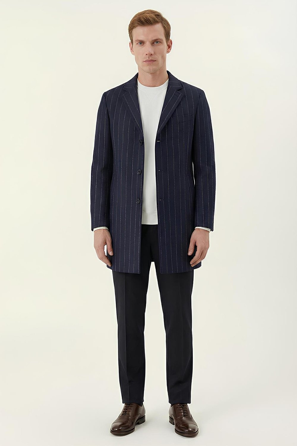 Giotelli Lacivert Regular Fit Yün Karışımlı Mono Yaka Çizgili Kaşe Kaban