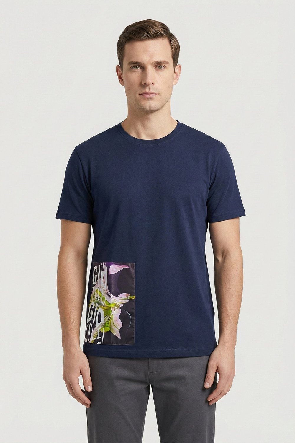 Giotelli Lacivert Oversize Fit %100 Pamuk Baskılı Bisiklet Yaka Erkek Tişört