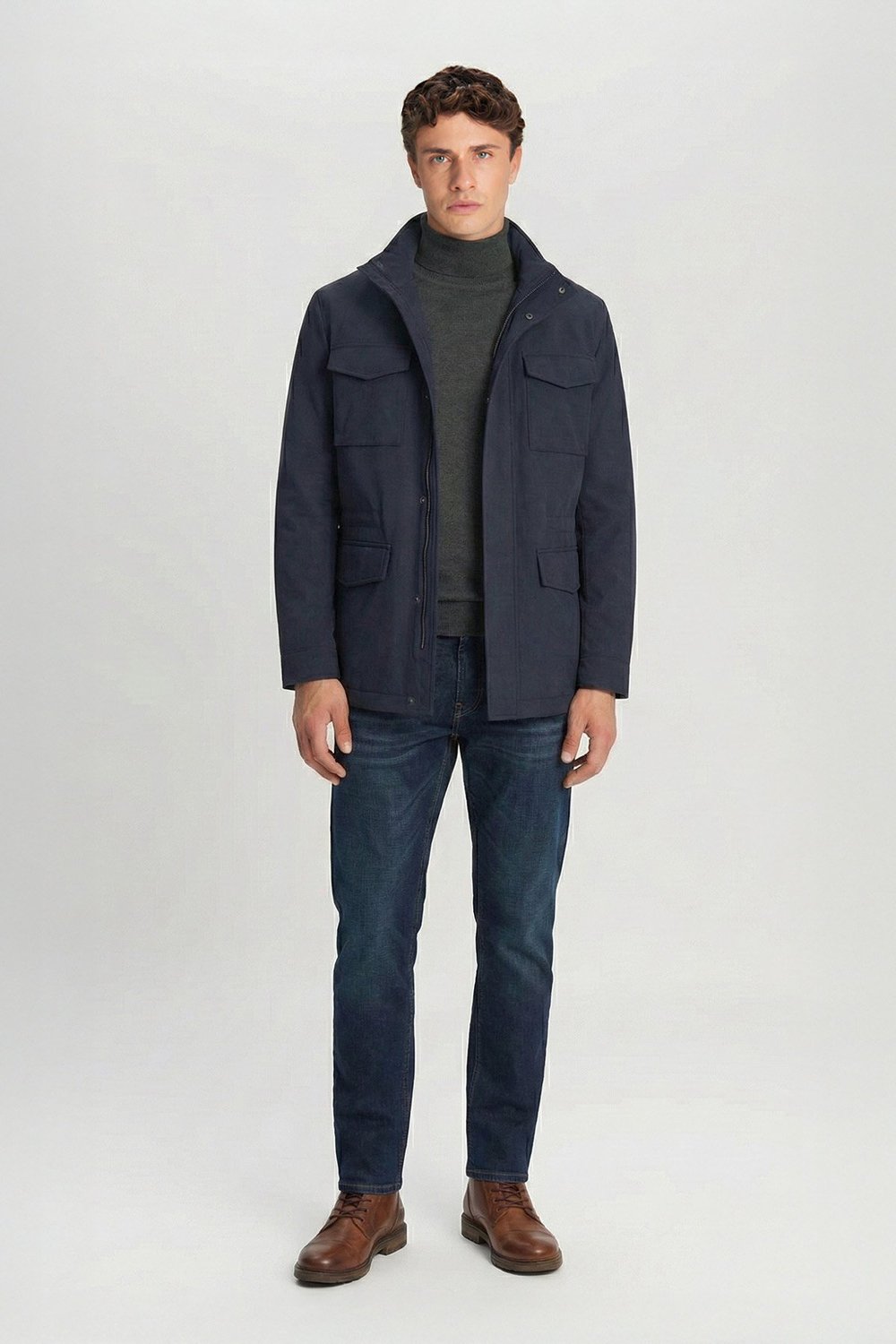 Lacivert Slim Fit Dik Yaka Cepli Erkek Mont