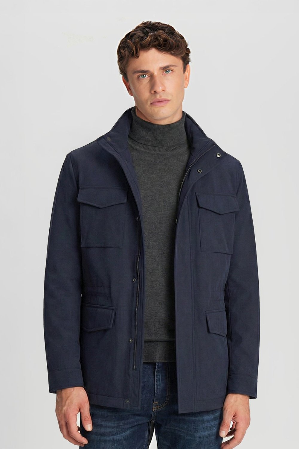 Lacivert Slim Fit Dik Yaka Cepli Erkek Mont