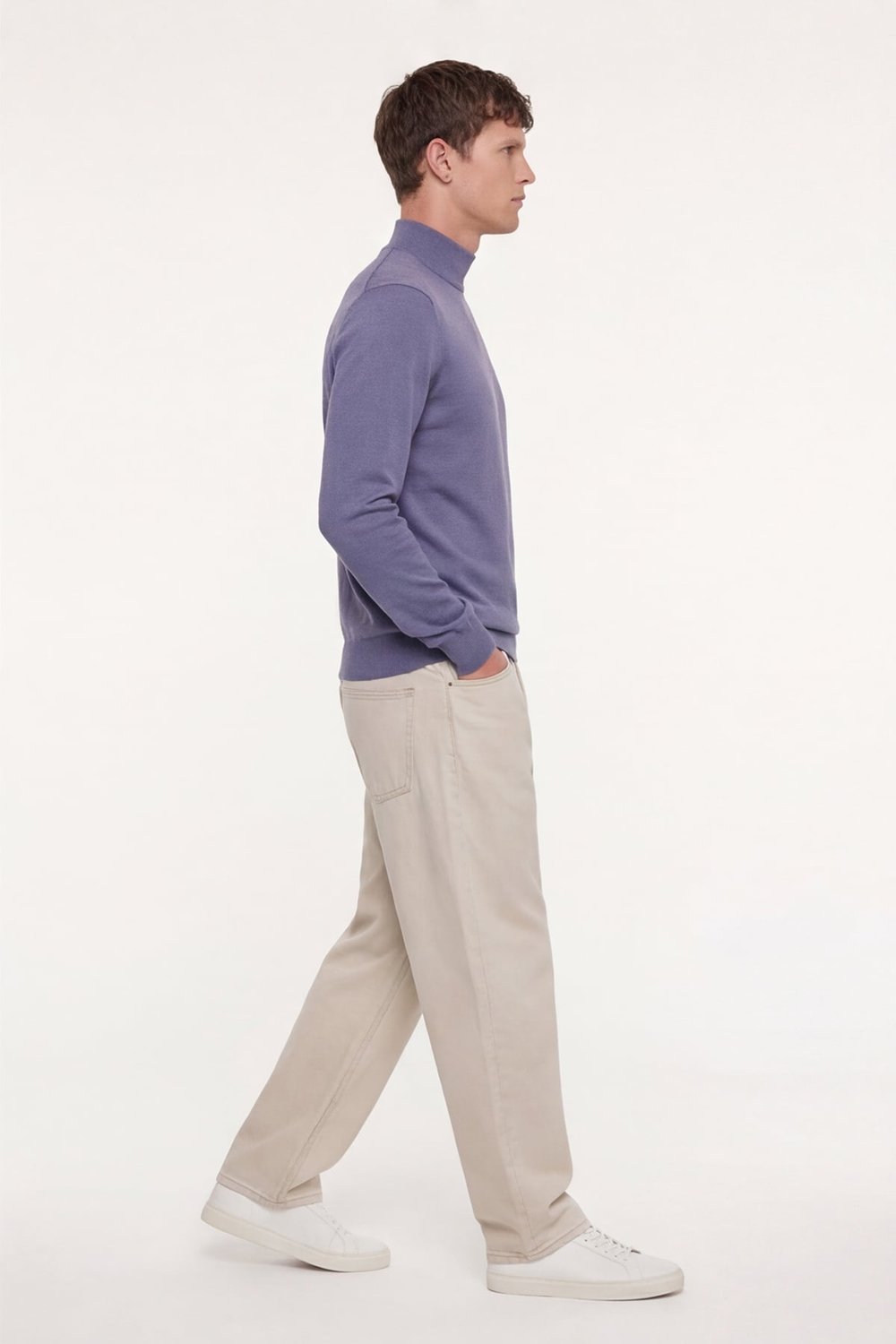 Erkek Lila Dar Kesim Slim Fit Yünlü Dokuma Düz Yarım Balıkçı Yaka Triko Kazak
