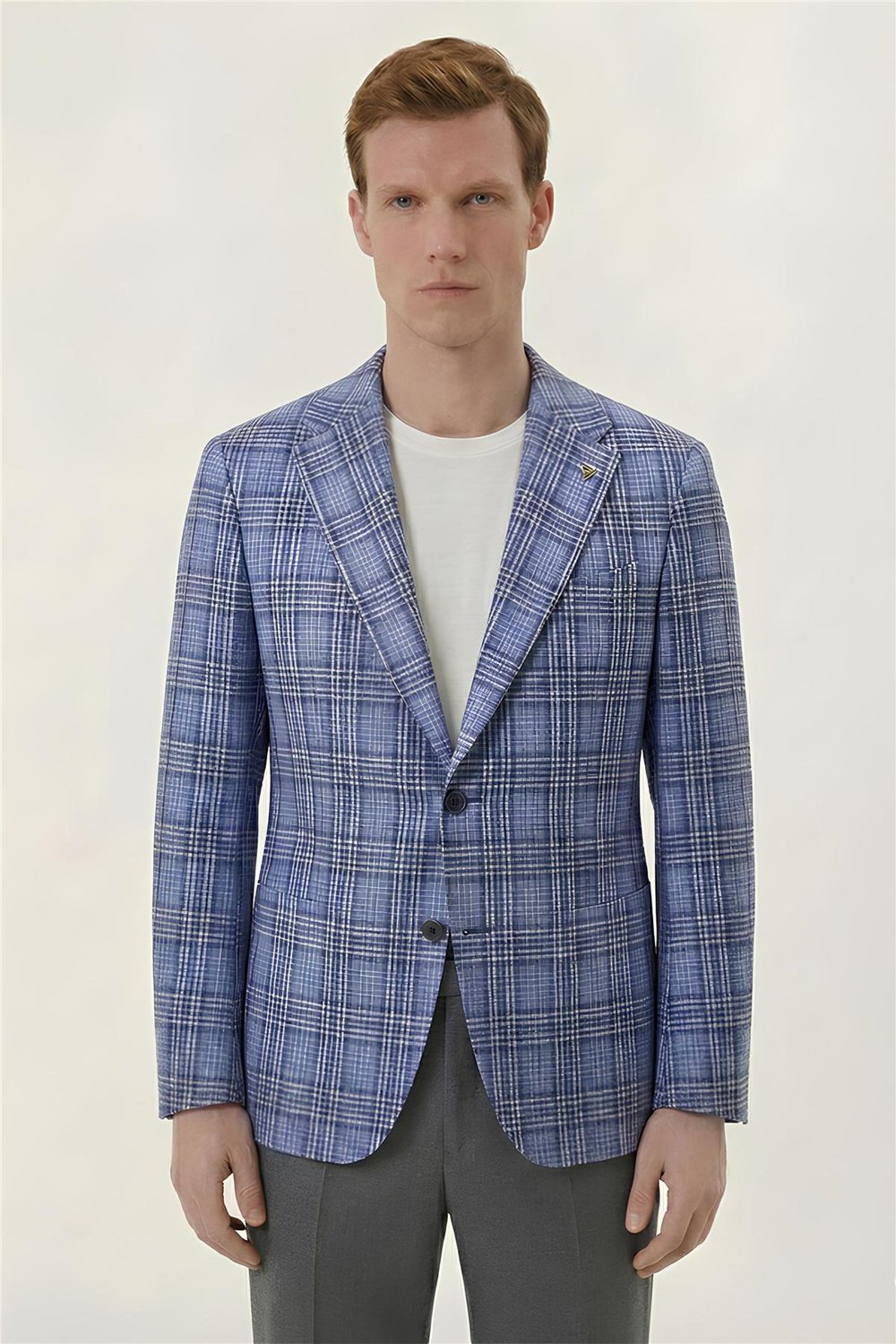 Giotelli Mavi Ekose Mono Yaka Comfort Kalıp 6 Drop Kemerli Bel Astarsız Erkek Ceket