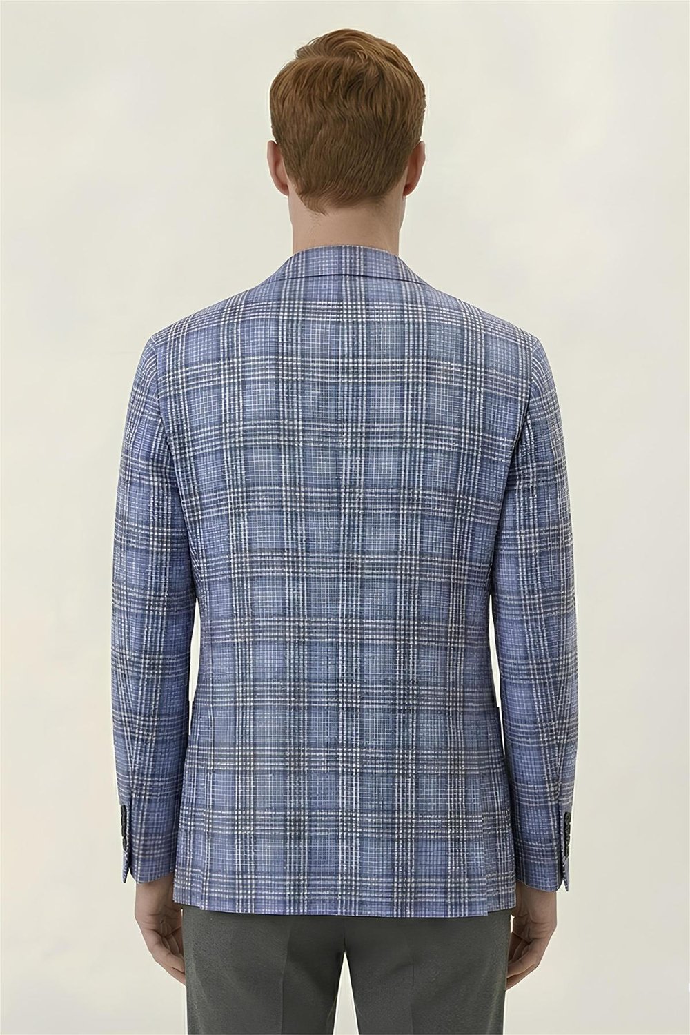 Giotelli Mavi Ekose Mono Yaka Comfort Kalıp 6 Drop Kemerli Bel Astarsız Erkek Ceket