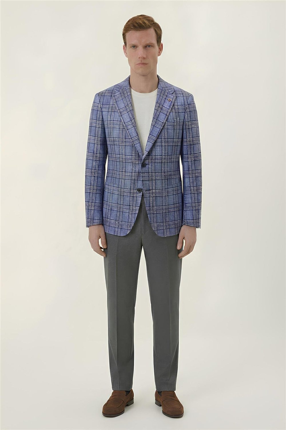 Giotelli Mavi Ekose Mono Yaka Comfort Kalıp 6 Drop Kemerli Bel Astarsız Erkek Ceket