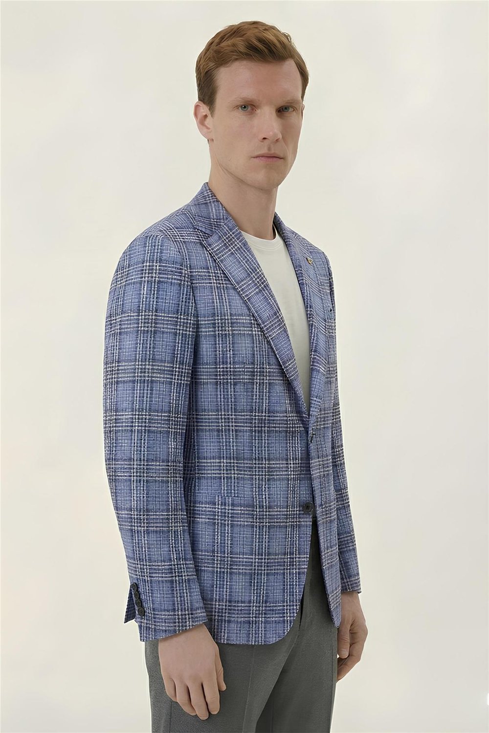 Giotelli Mavi Ekose Mono Yaka Comfort Kalıp 6 Drop Kemerli Bel Astarsız Erkek Ceket