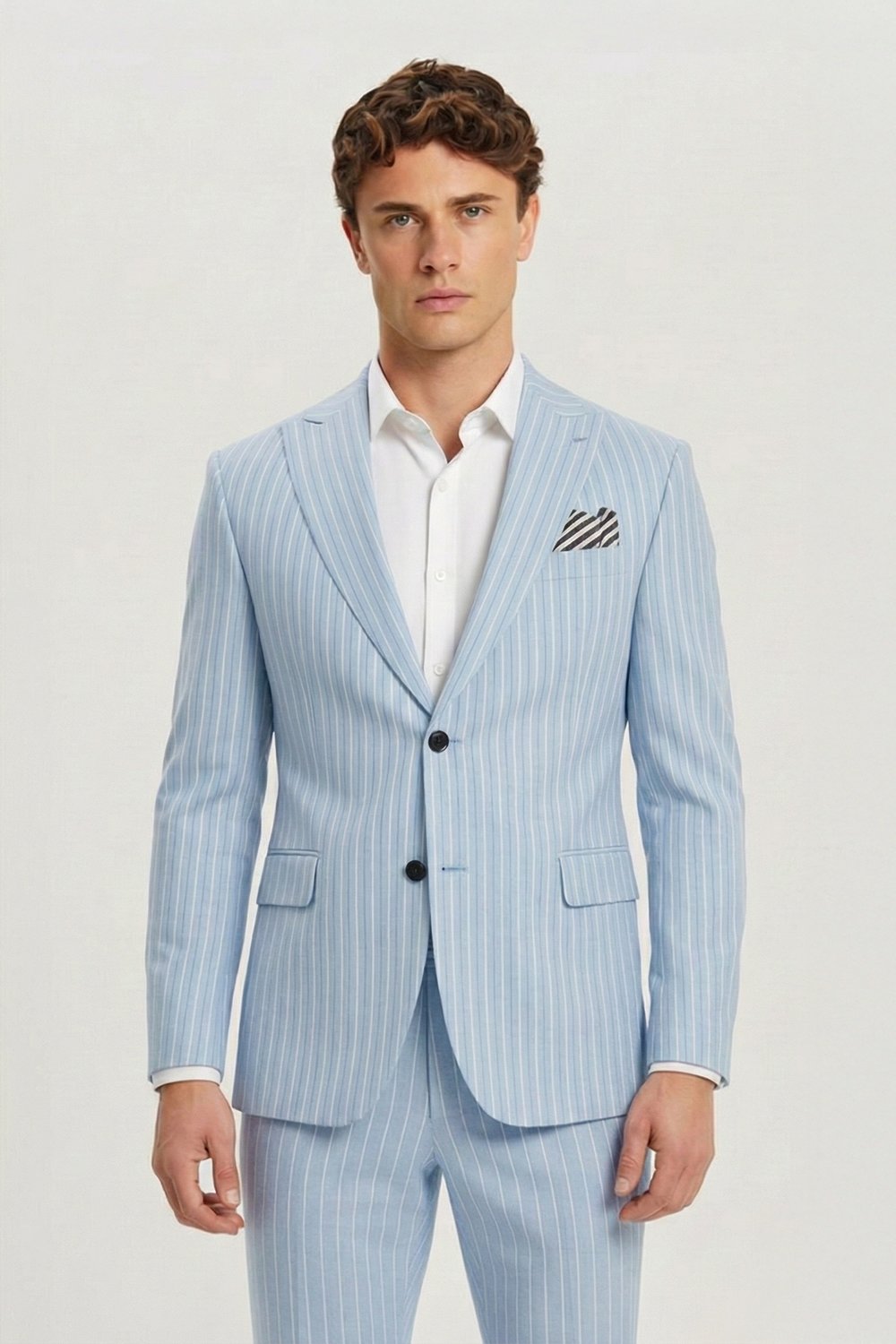 Giotelli Erkek Mavi Slim Fit Çizgili Sivri Yaka Normal Bel 5 Drop Dokuma Standart Boy Fleto Kapaklı Cep Klasik Paça Tam Astarlı Çift Yırtmaç Takım Elbise