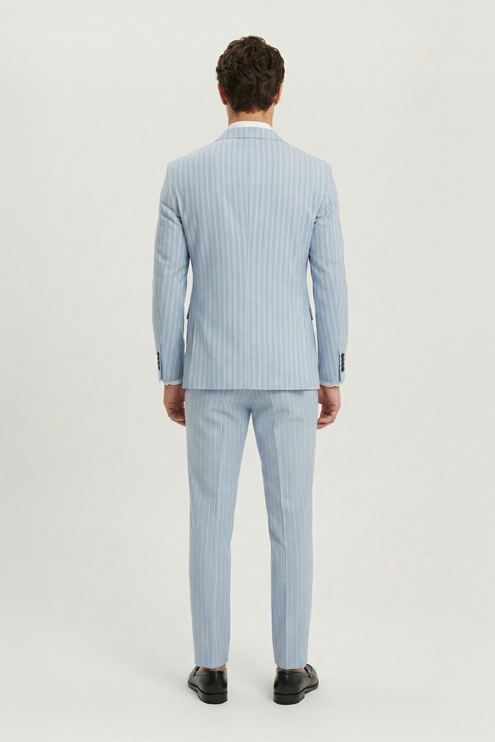 Giotelli Erkek Mavi Slim Fit Çizgili Sivri Yaka Normal Bel 5 Drop Dokuma Standart Boy Fleto Kapaklı Cep Klasik Paça Tam Astarlı Çift Yırtmaç Takım Elbise