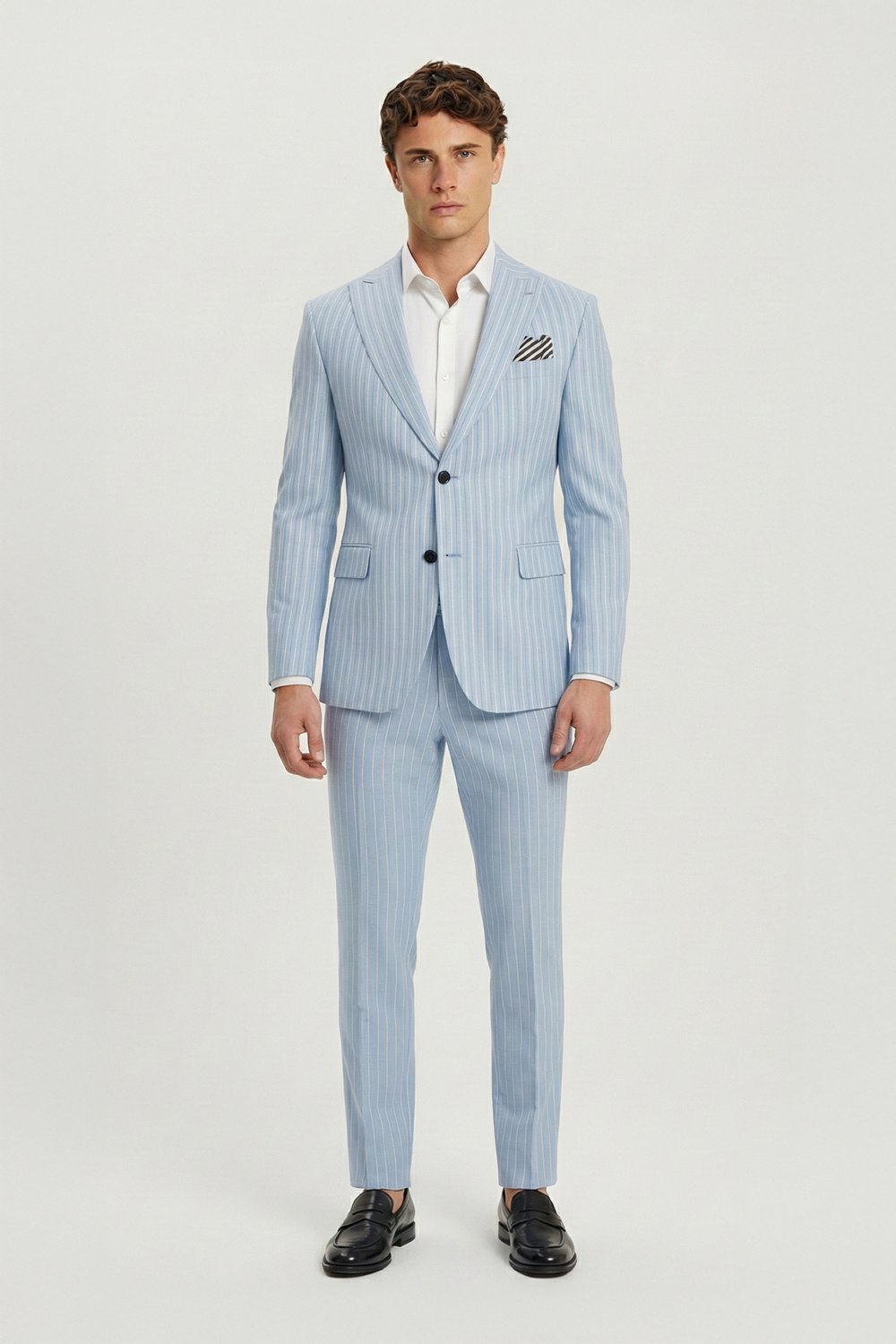 Giotelli Erkek Mavi Slim Fit Çizgili Sivri Yaka Normal Bel 5 Drop Dokuma Standart Boy Fleto Kapaklı Cep Klasik Paça Tam Astarlı Çift Yırtmaç Takım Elbise