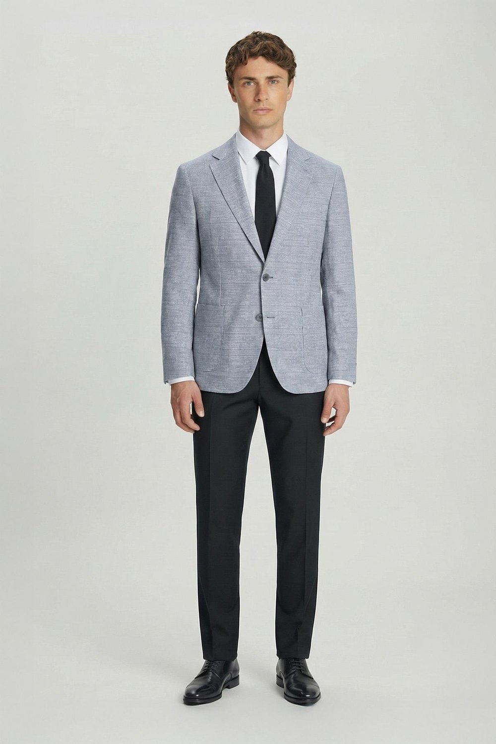 Erkek Gri Regular Fit Klasik Yaka Ekose Desenli Dokuma Ceket 6 Drop