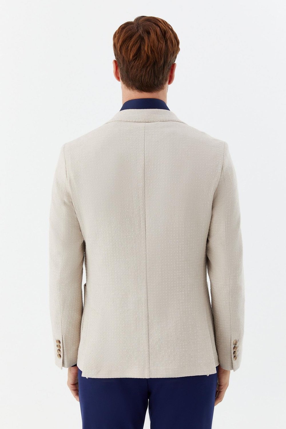 Bej Mono Yaka Keten Karışımlı Erkek Blazer Ceket