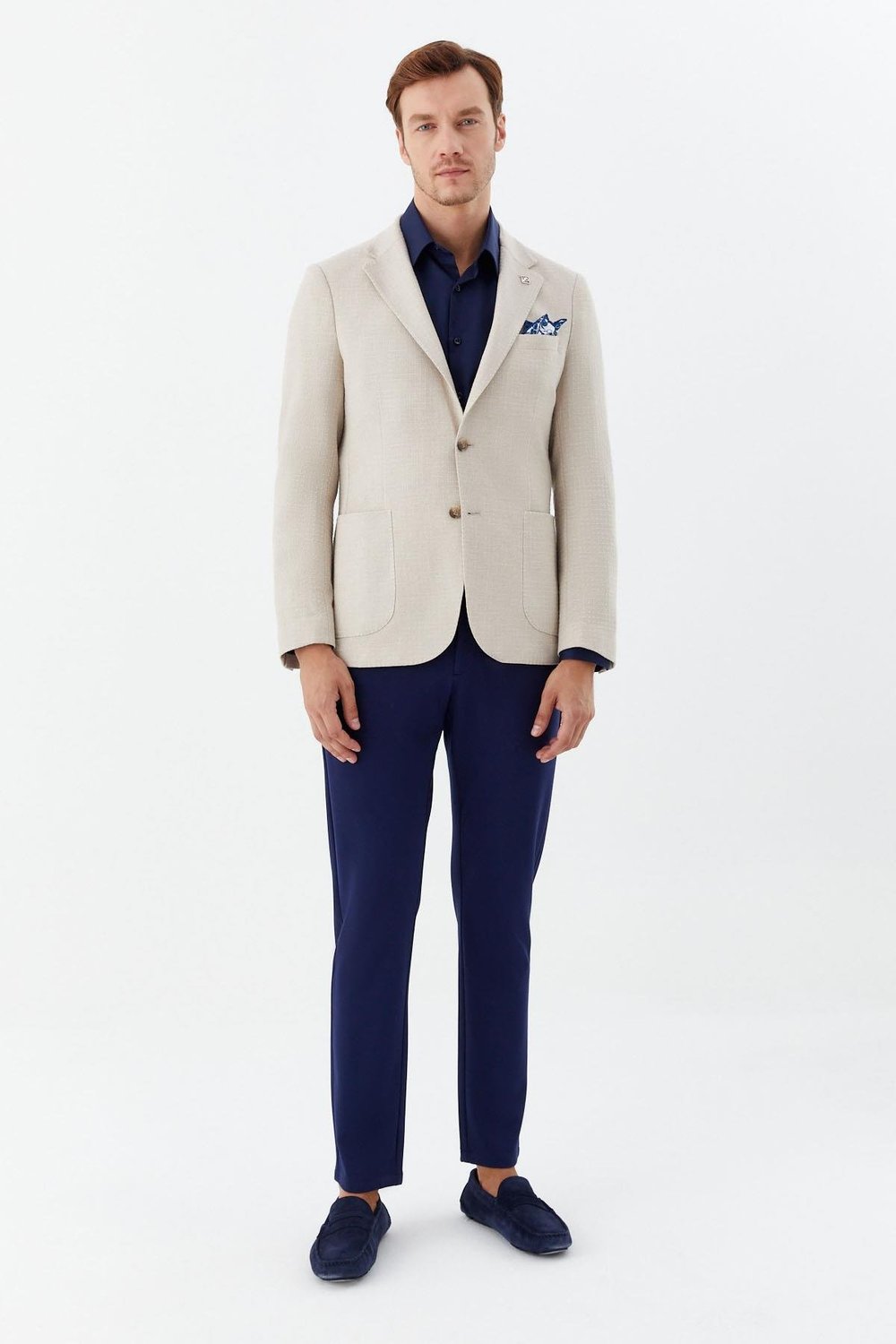 Bej Mono Yaka Keten Karışımlı Erkek Blazer Ceket