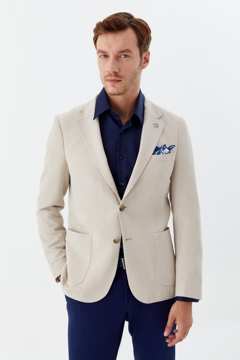 Bej Mono Yaka Keten Karışımlı Erkek Blazer Ceket