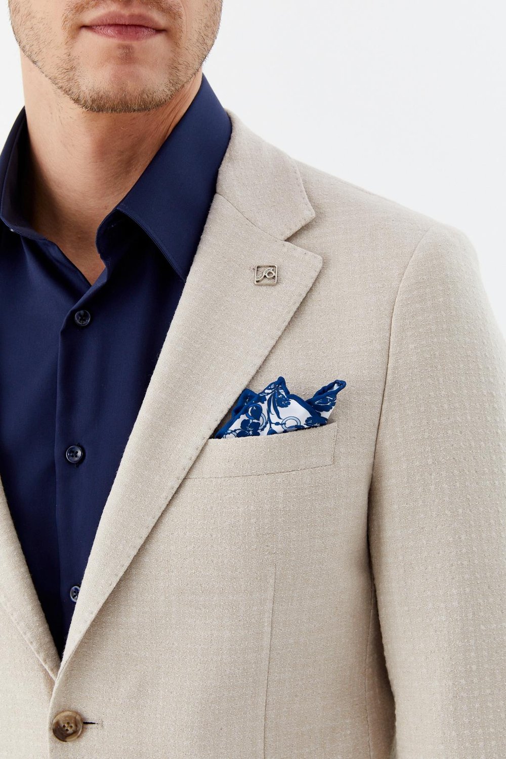 Bej Mono Yaka Keten Karışımlı Erkek Blazer Ceket