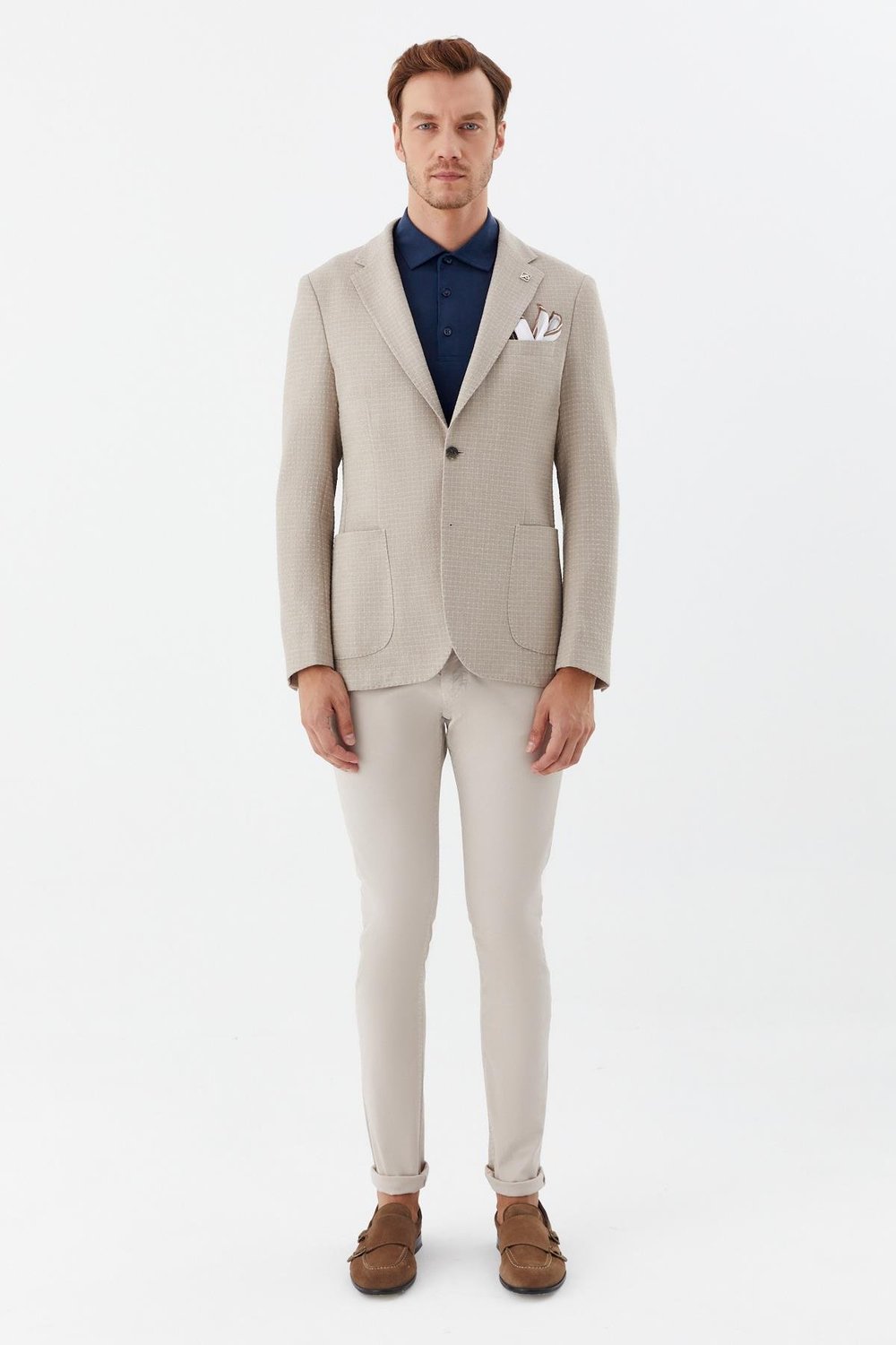 Koyu Bej Mono Yaka Keten Karışımlı Blazer Erkek Ceket