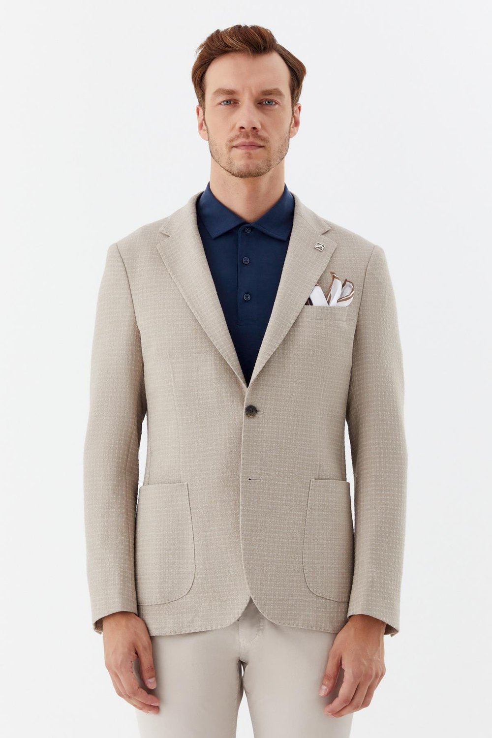 Koyu Bej Mono Yaka Keten Karışımlı Blazer Erkek Ceket