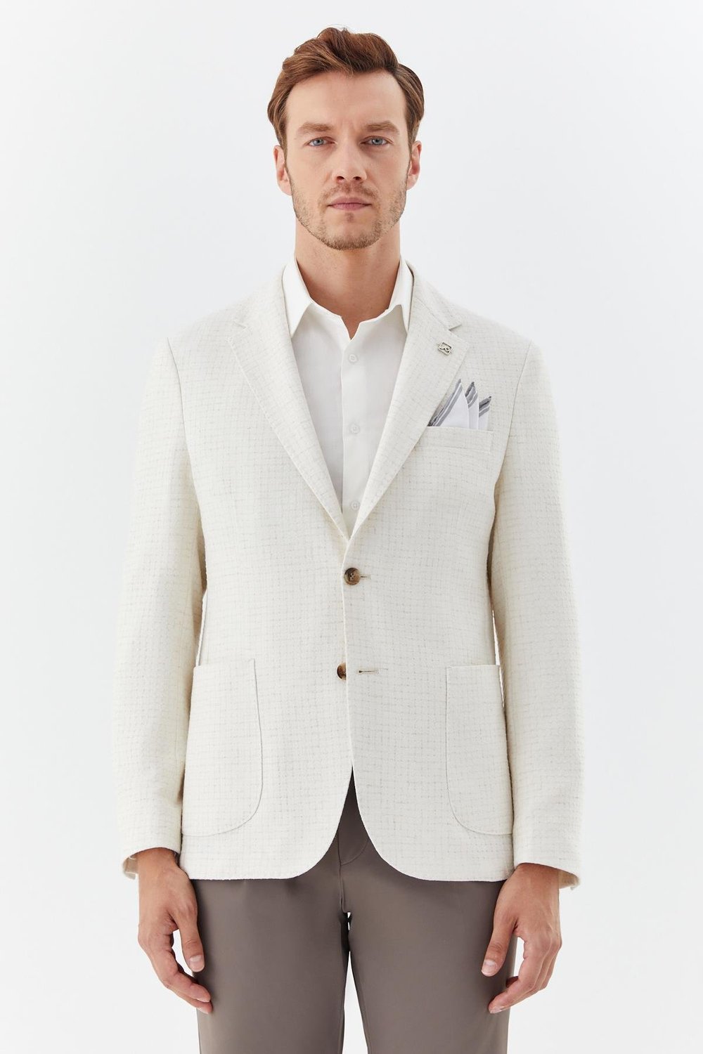 Ekru Mono Yaka Keten Karışımlı Blazer Erkek Ceket