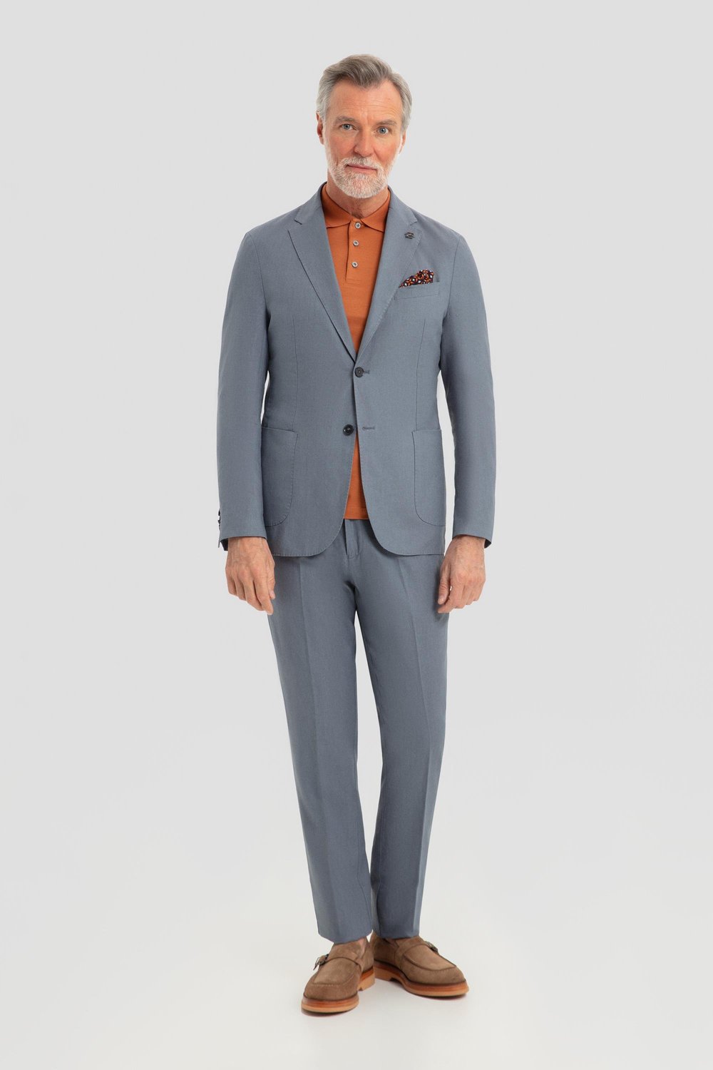 Erkek Gri Slim Fit %100 Keten Mono Yaka Lastikli Bel Takım Elbise