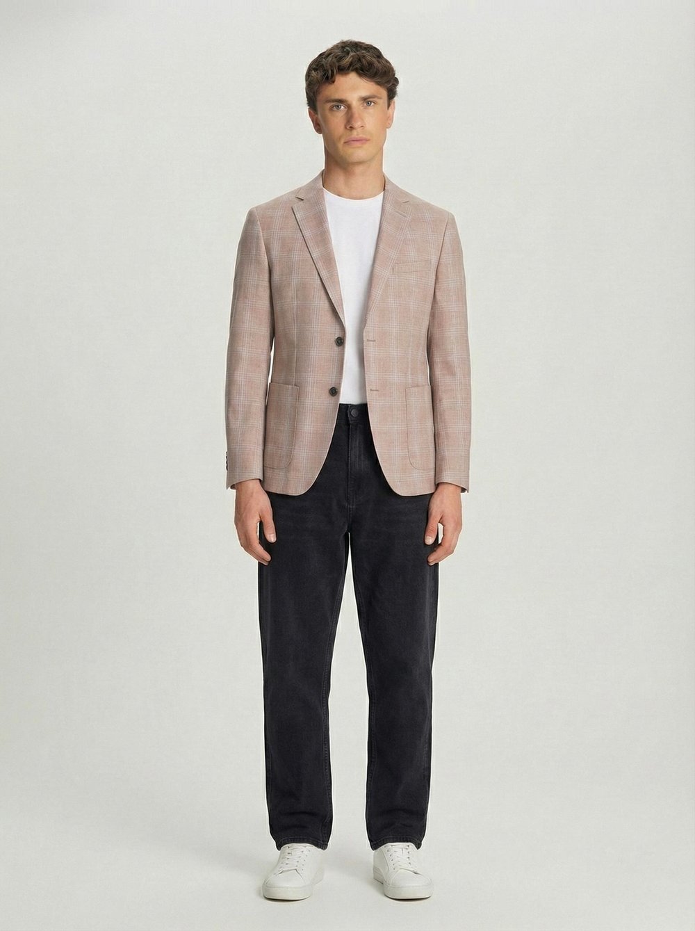 Bej Slim Fit Pamuklu Mono Yaka Kareli Casual Ceket