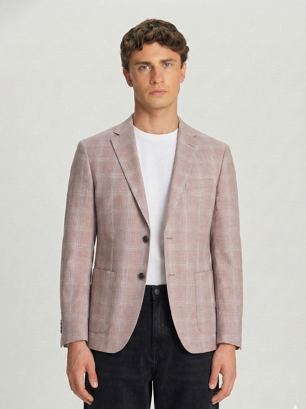 Bej Slim Fit Pamuklu Mono Yaka Kareli Casual Ceket