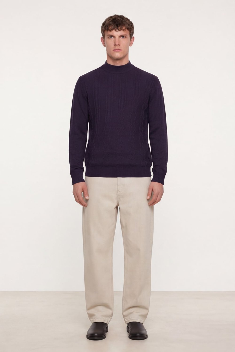 Erkek Mor Dar Kesim Slim Fit Yünlü Yarım Balıkçı Yaka Triko Kazak