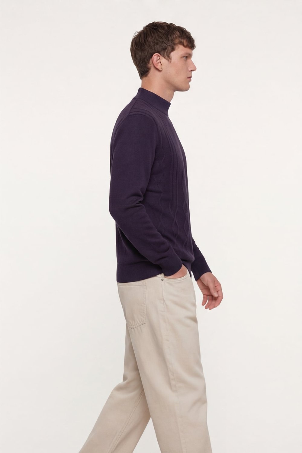 Erkek Mor Dar Kesim Slim Fit Yünlü Yarım Balıkçı Yaka Triko Kazak